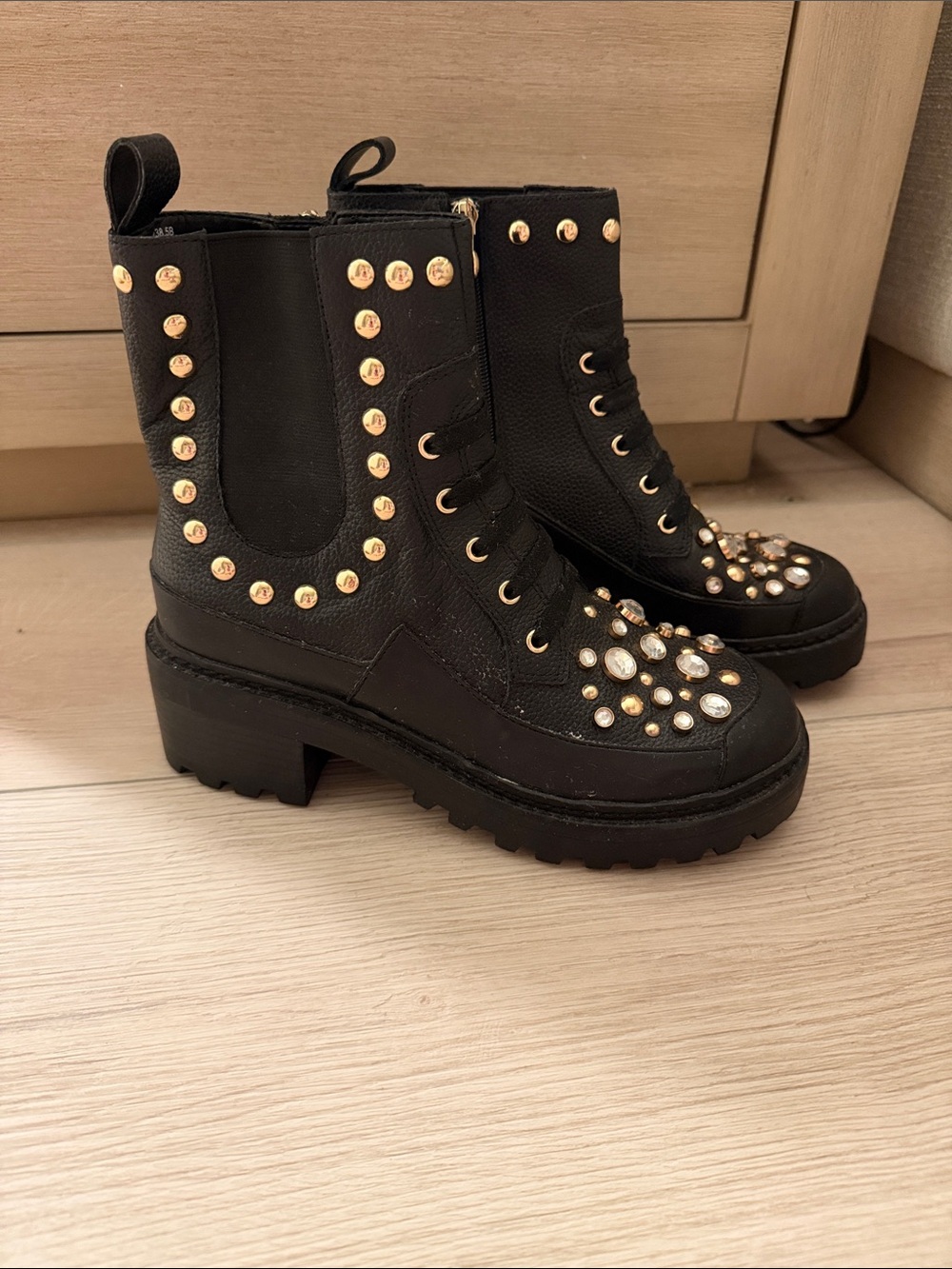 Black Studded Platform Combat Boots - Women's